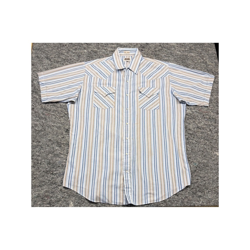 Ely Cattleman Mens XLT Tall Western Pearl Snap Shirt Short Sleeve Striped Blue